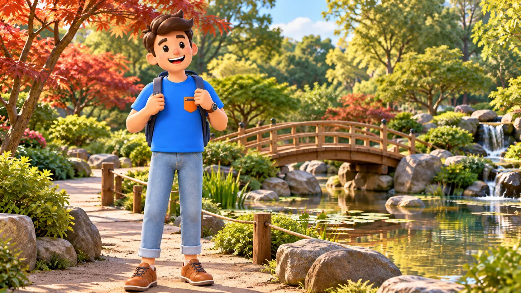 Reisender in einem stilisierten japanischen Garten neben einer Holzbrücke