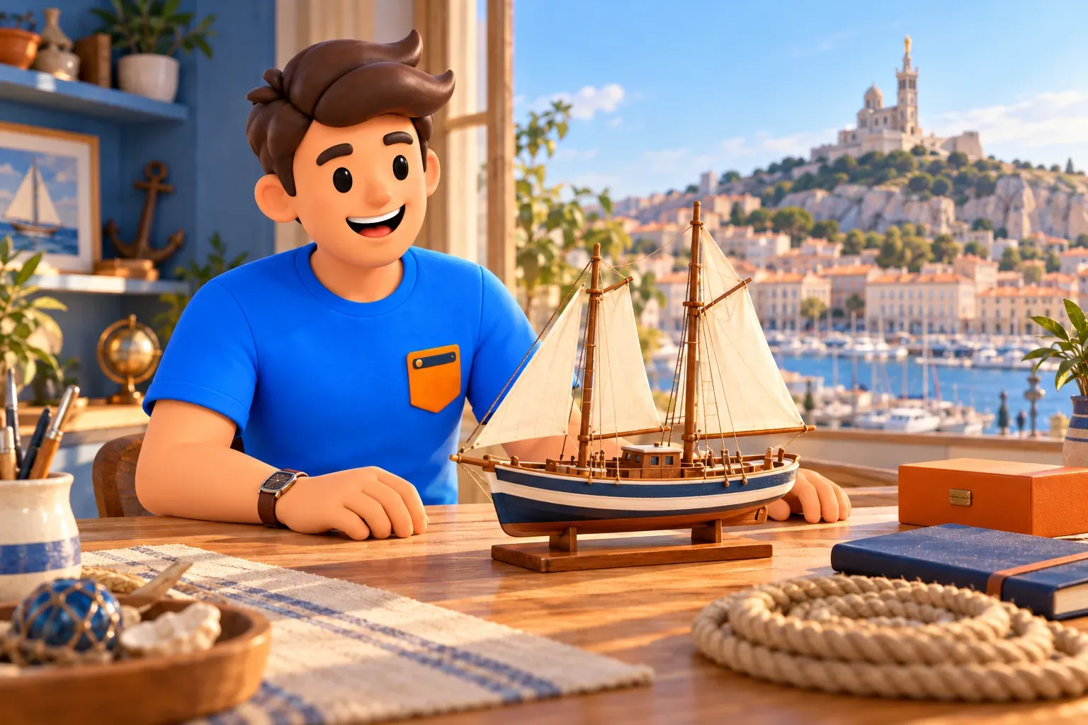 Viajero ilustrado ante mesa con maqueta de velero inventada en habitación ficticia, sin reproducir exvoto identificado ni museo real