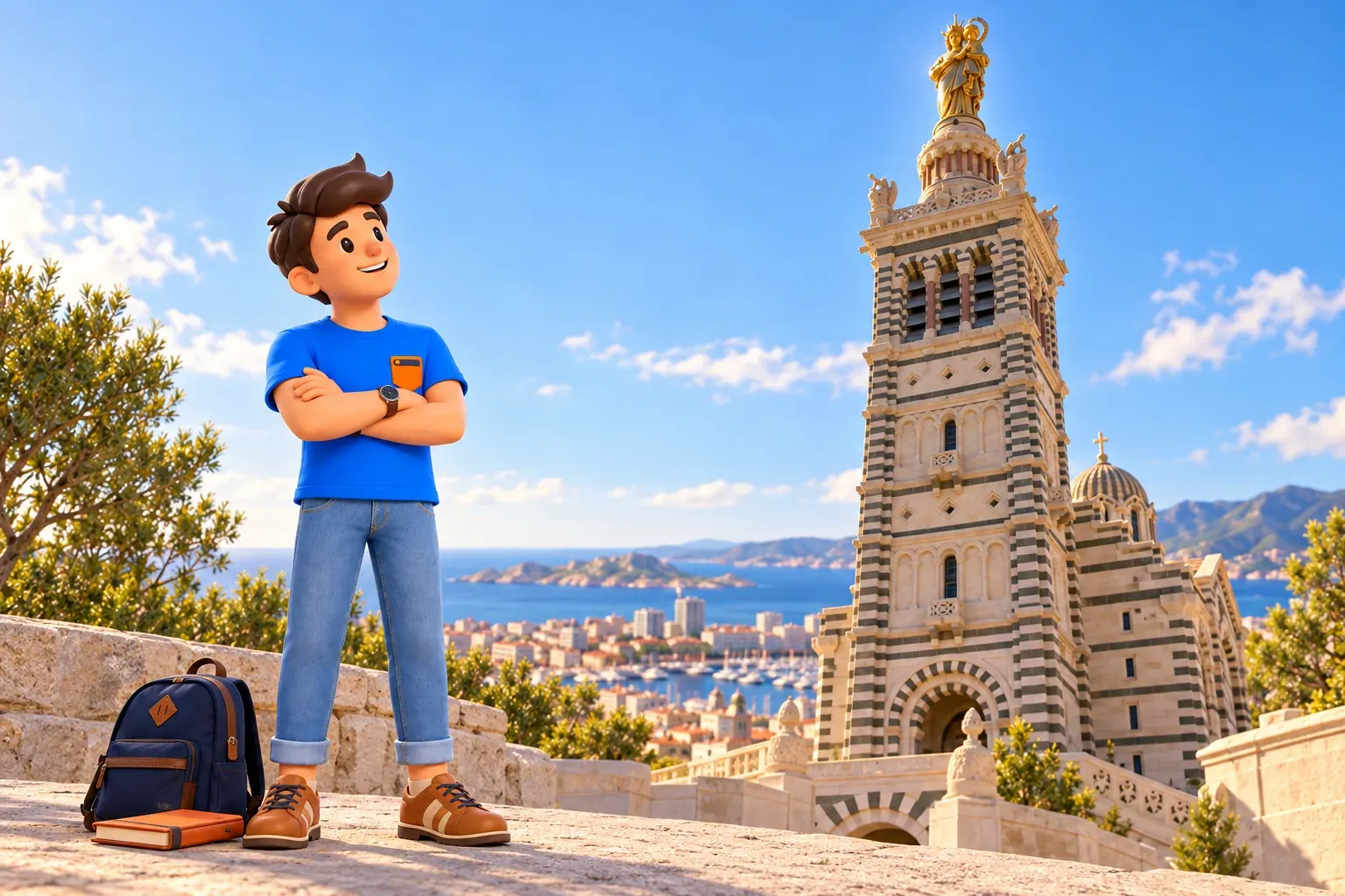 Viajero ilustrado de brazos cruzados ante campanario de franjas de Notre-Dame de la Garde y Virgen dorada con Niño recreados de foto, primer plano preparado