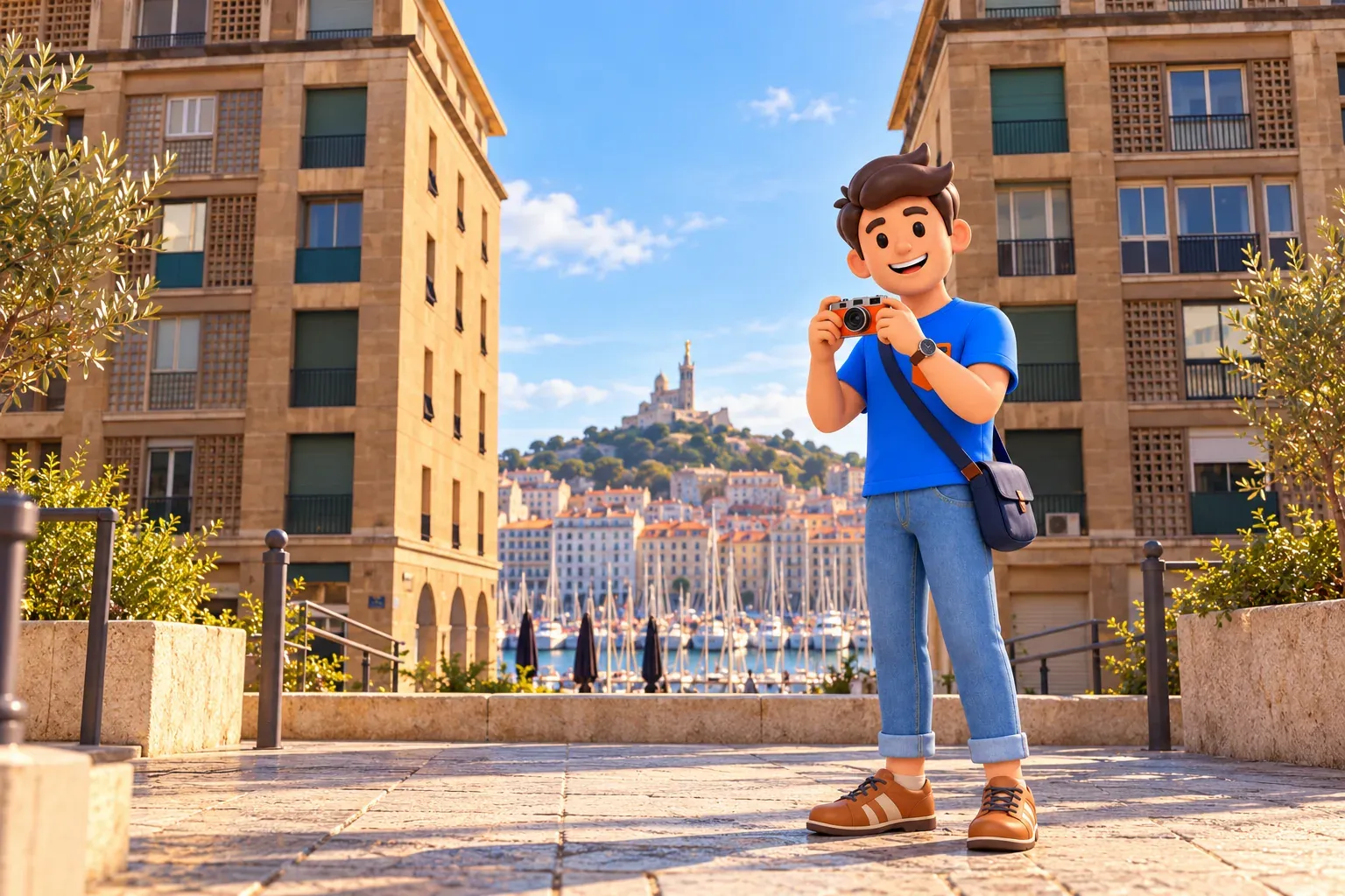 Viajero ilustrado con cámara en primer plano peatonal ficticio y vista portuaria entre edificios de piedra hacia la basílica lejana recreada de foto