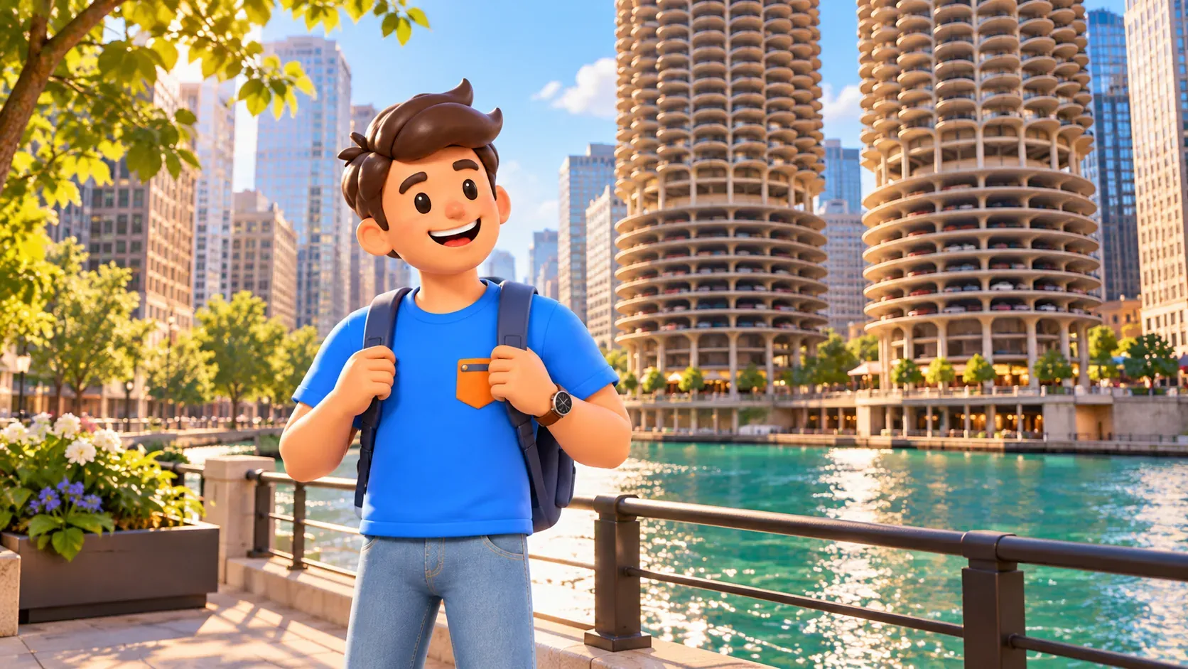 Traveller beside the river before an illustration of Marina City’s rounded towers