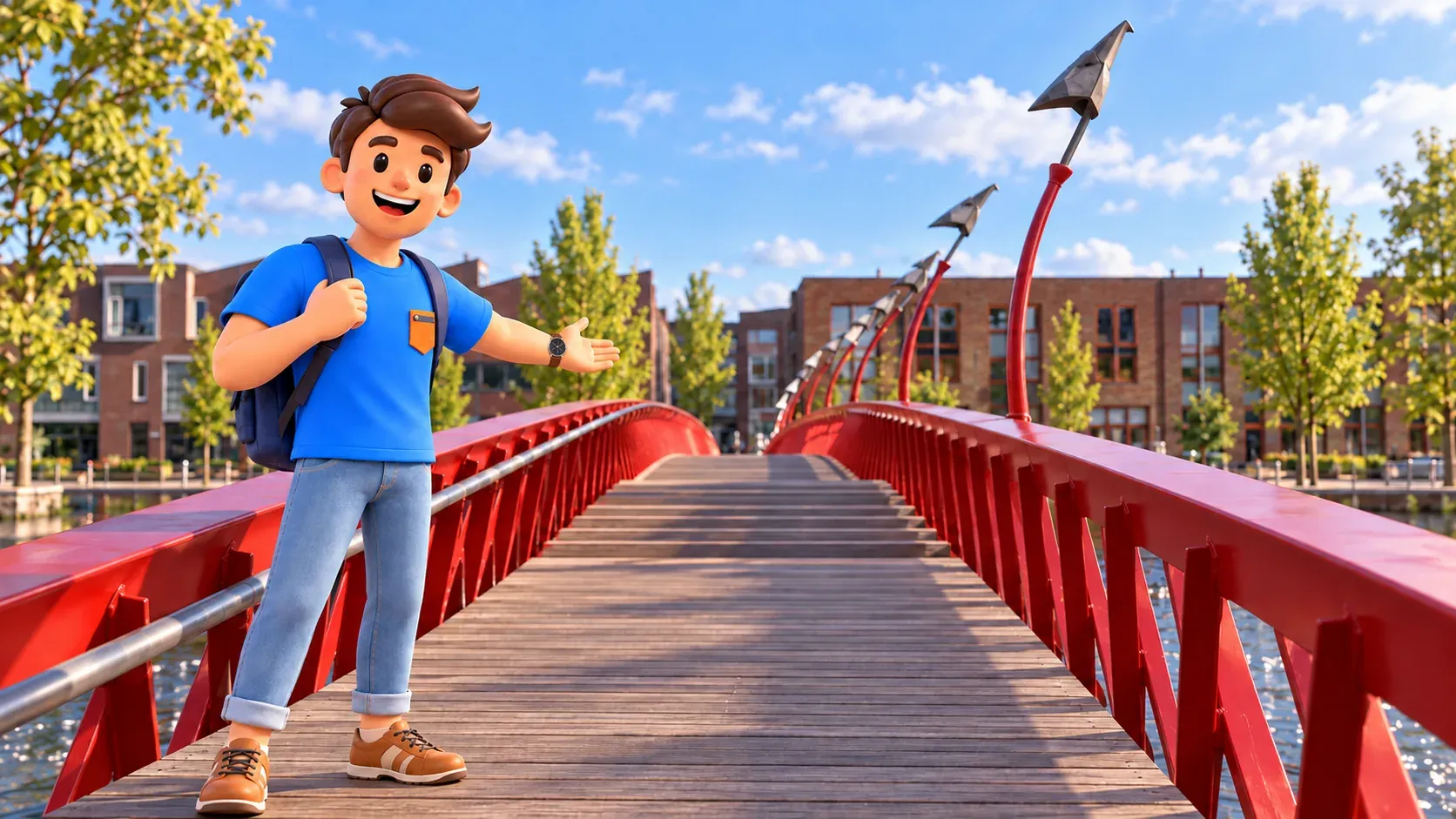 Illustration of a traveller beside the red steel rails, wooden deck and steps of the Python Bridge