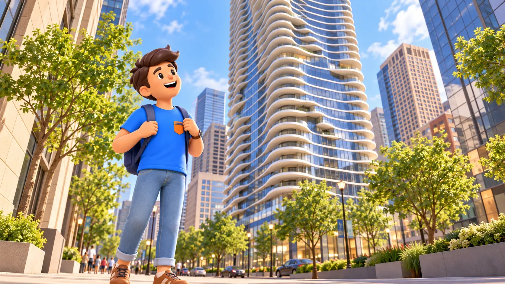 Traveller observing a tower with wavy balcony edges, illustration inspired by Aqua