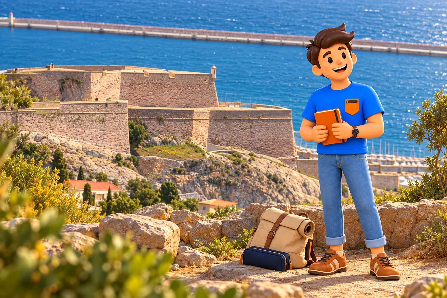Voyageur illustré avec carnet orange sur premier plan imaginaire devant une vue photographique élevée des bastions bas de Saint-Nicolas, ni belvédère ni entrée réels