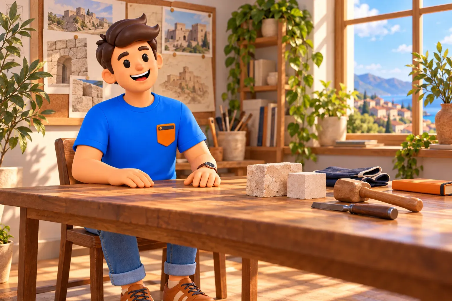 Voyageur illustré à une table avec échantillons de pierre, gants et outils posés dans une pièce imaginaire, sans atelier réel de la Citadelle