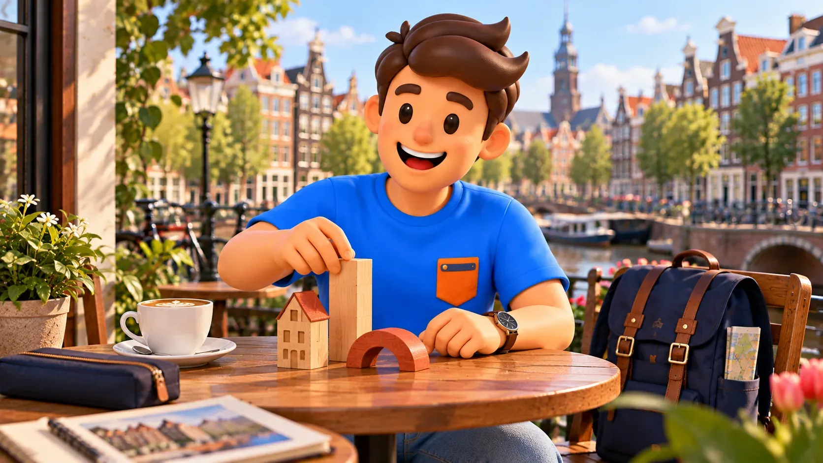 Thematic illustration of a traveller arranging wooden architecture blocks at an imagined Amsterdam café
