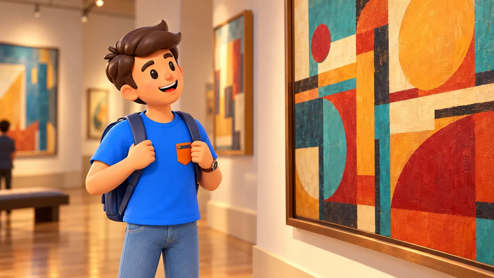 Voyageur observant un tableau abstrait imaginaire dans une galerie illustrée