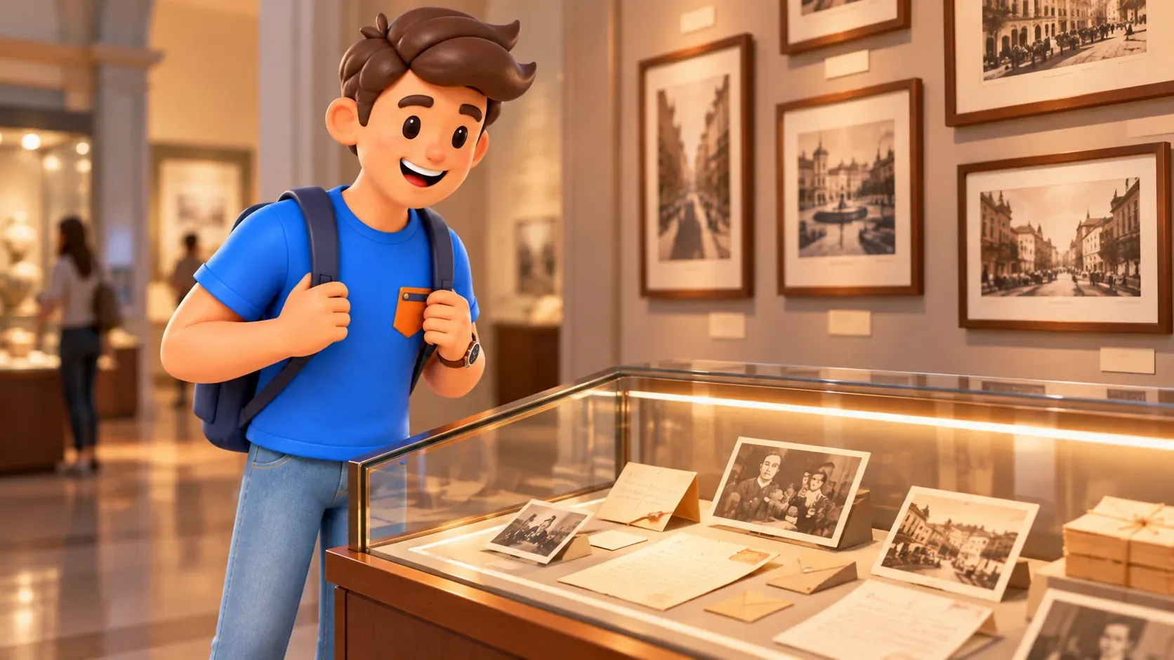 Voyageur près d’une vitrine imaginaire de lettres et photographies familiales