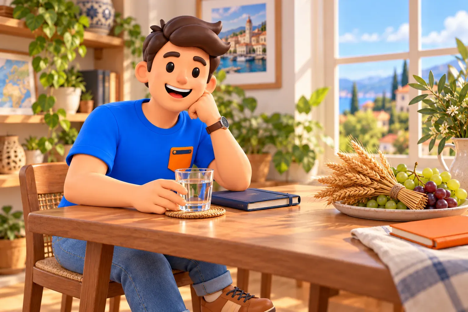 Illustrated traveller at a table with water glass, wheat, grapes and closed notebooks in a fictional room, not a Longchamp café or museum installation