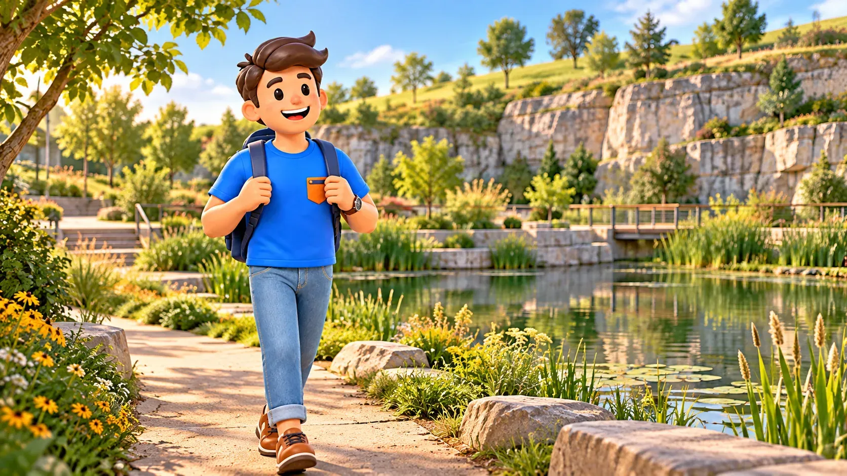 Traveller beside an illustrated pond with an exposed former quarry wall