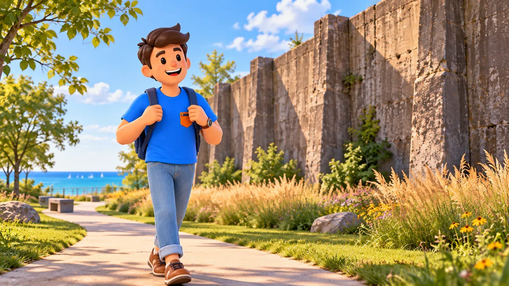 Traveller beside an artistically depicted concrete ore wall in a park
