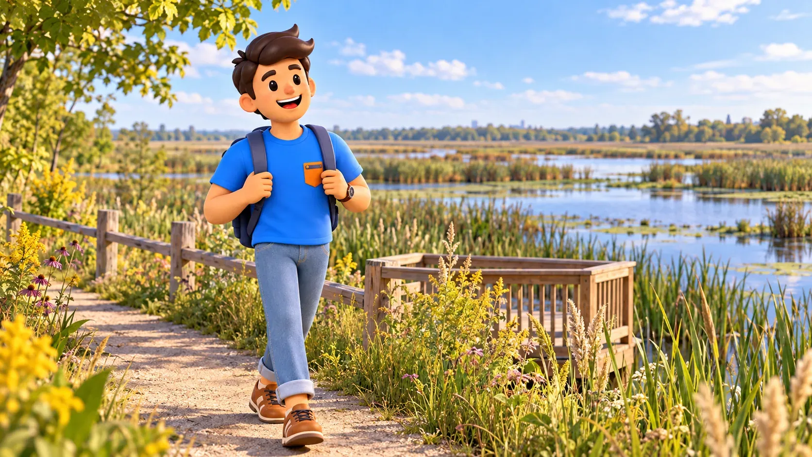 Traveller on a path beside a stylised urban wetland landscape