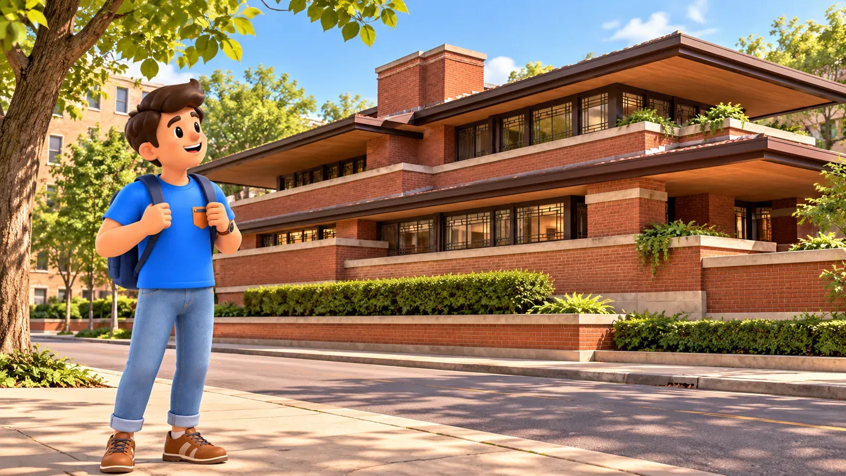 Reisender vor einem künstlerischen horizontalen Ziegelhaus nach Robie House