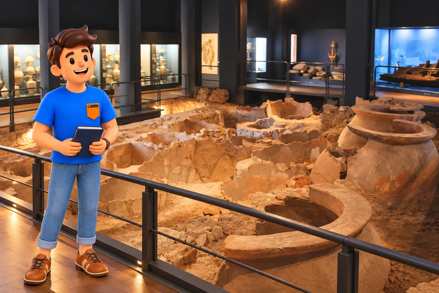 Illustrated traveller with book before a photo-inspired earlier Roman Docks display with large dolia storage jars, staged foreground not proof of current access
