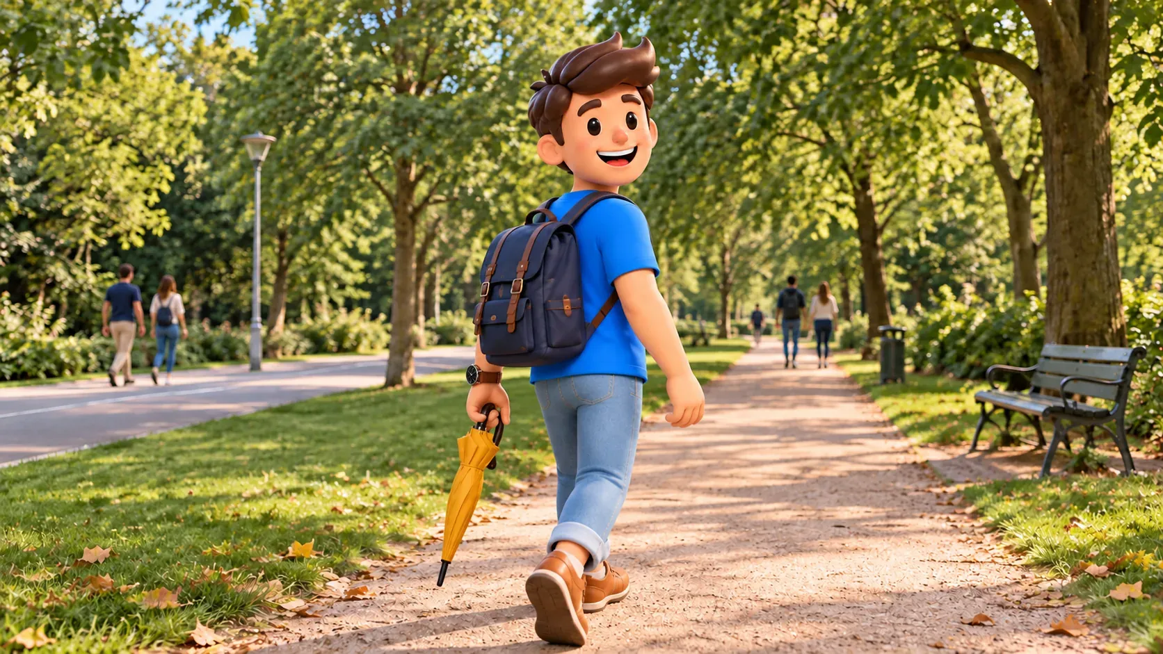 Ilustración de un viajero con paraguas cerrado por un camino arbolado de Vondelpark