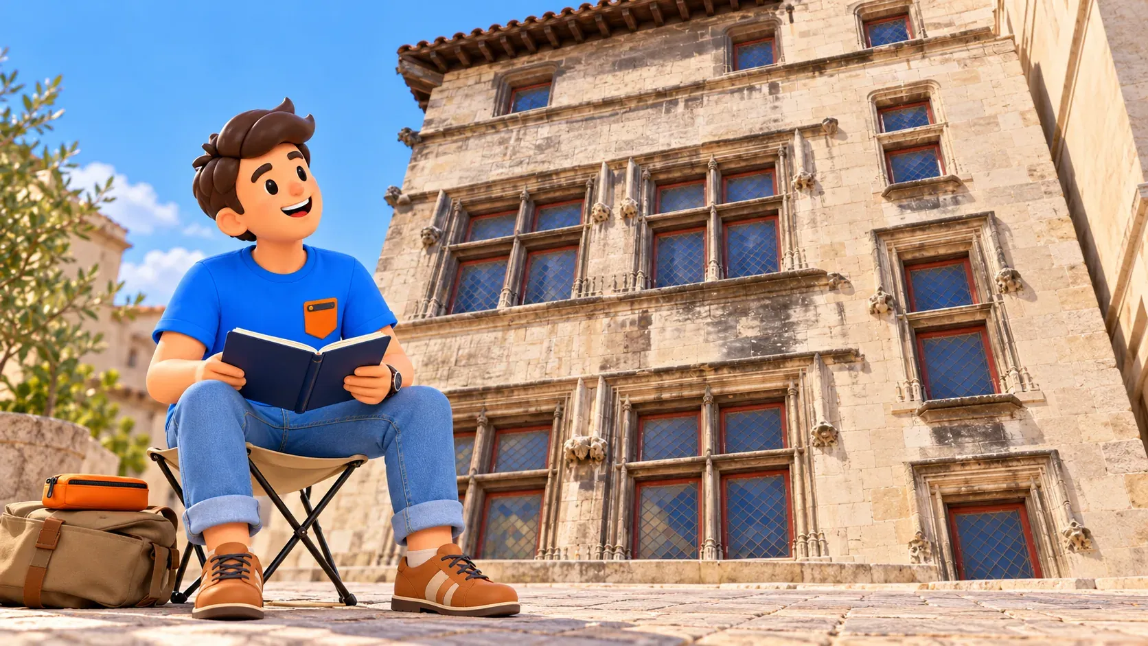 Viajero ilustrado en taburete portátil propio con cuaderno abierto ante ventanas de Hôtel de Cabre recreadas de foto, primer plano preparado sin asiento real ofrecido