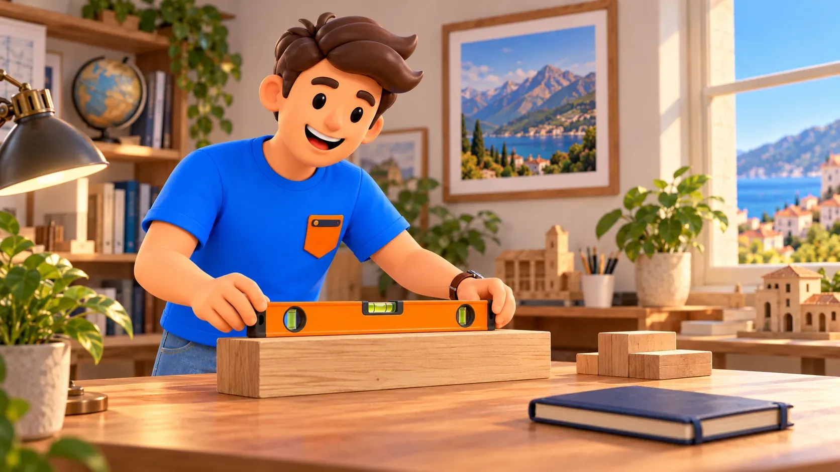 Voyageur illustré avec niveau à bulle ordinaire sur support en bois dans une pièce imaginaire, comparaison conceptuelle et non procédure nationale ou repère réel