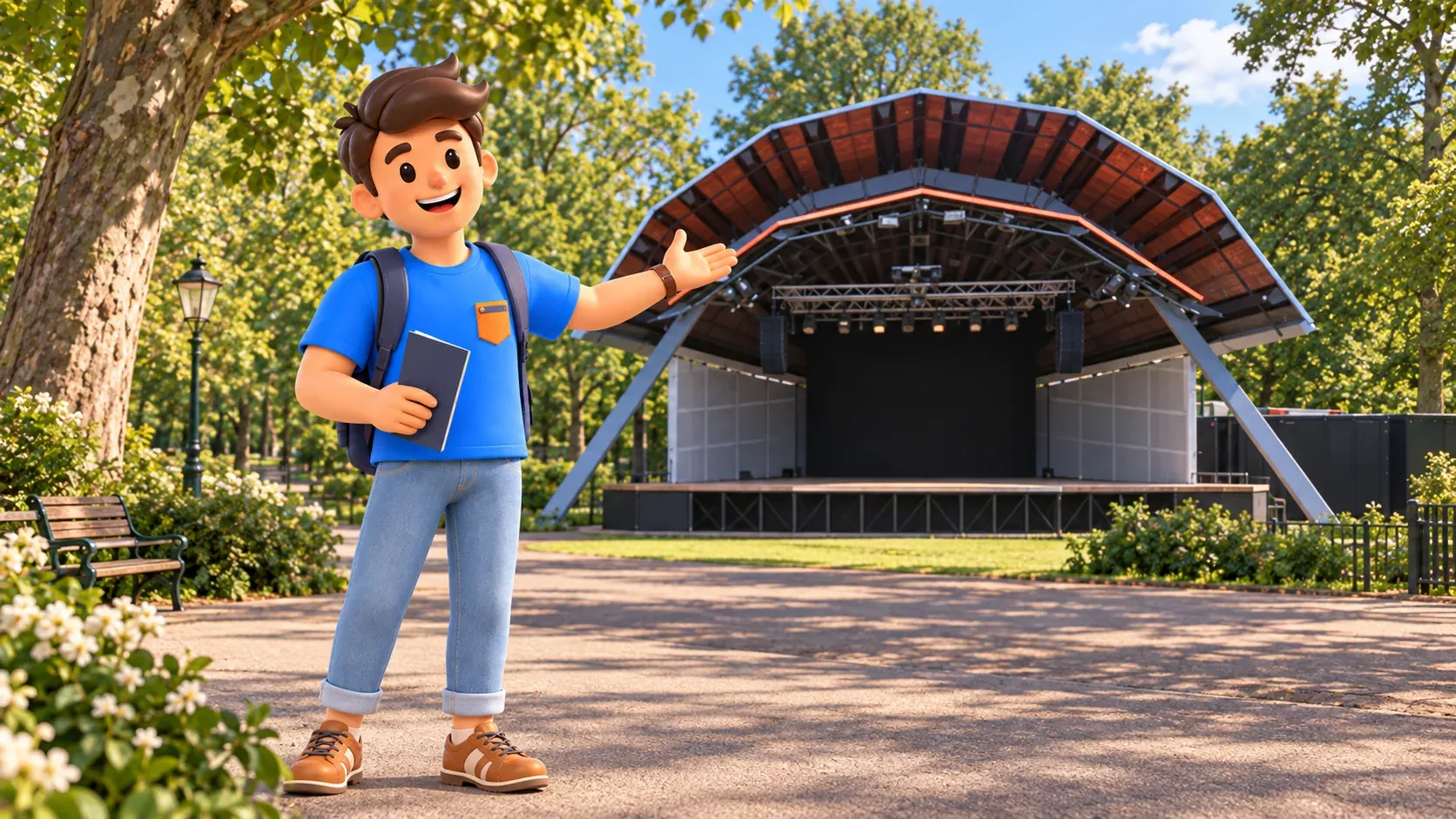 Ilustración de un viajero ante el escenario de Vondelpark Openluchttheater sin actuación