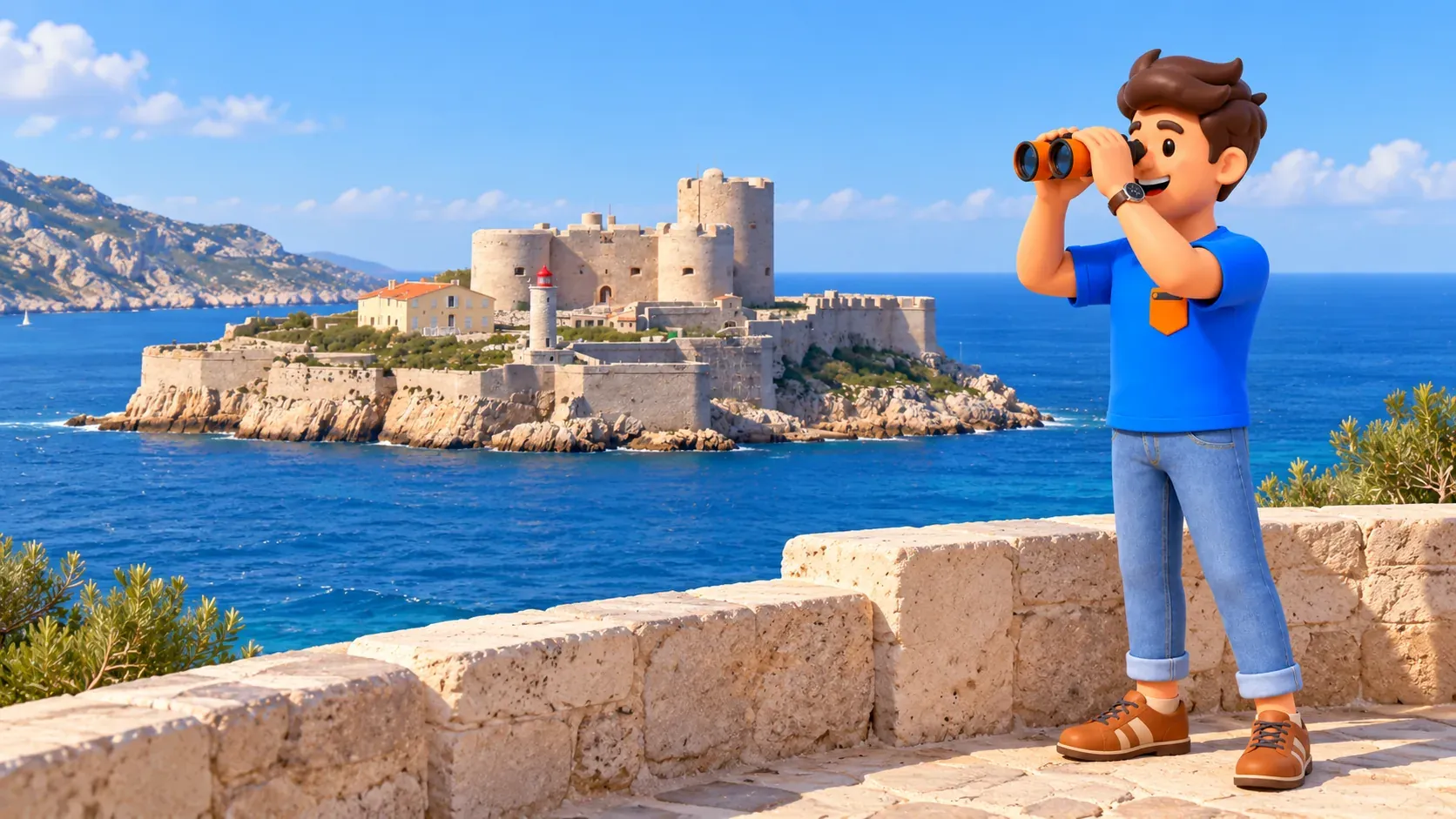 Illustrierter Reisender blickt durch Fernglas zur nach älterem Foto gestalteten Insel If, fiktiver Brüstungsvordergrund ohne echten Festlandblick oder Weg
