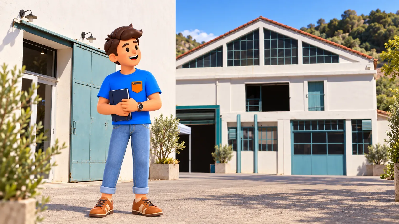 Illustrated traveller with notebook before Fer à Cheval exterior recreated from its official photo, white walls, teal doors and glazed gable, staged foreground