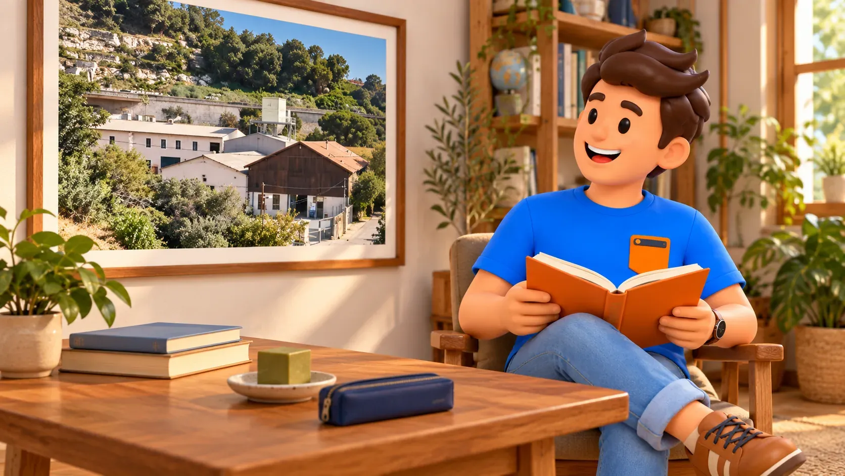 Illustrated traveller reading in a fictional room beside a photo-inspired exterior overview of Savonnerie du Midi, not its museum interior or an actual exhibition