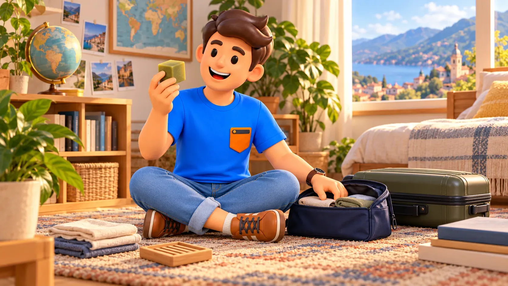Illustrated traveller packing a generic soap souvenir in a fictional room, not a medical use or production lesson
