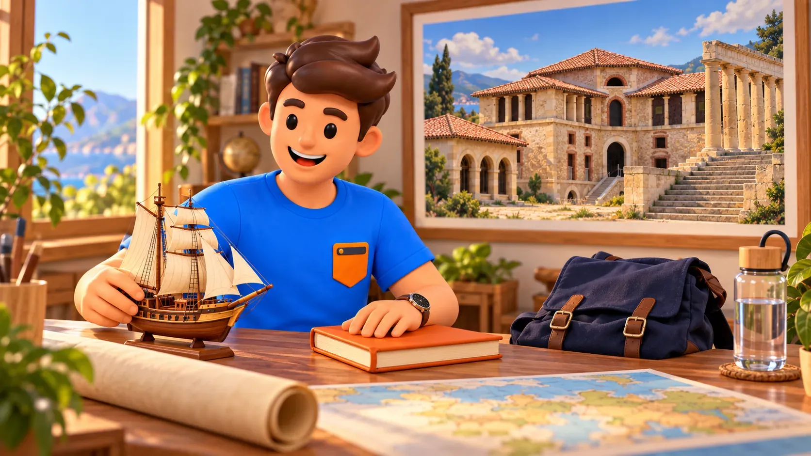 Voyageur illustré avec maquette générique de voilier et livre dans une pièce de préparation imaginaire ; l’image de Caroline ne prouve pas son ouverture