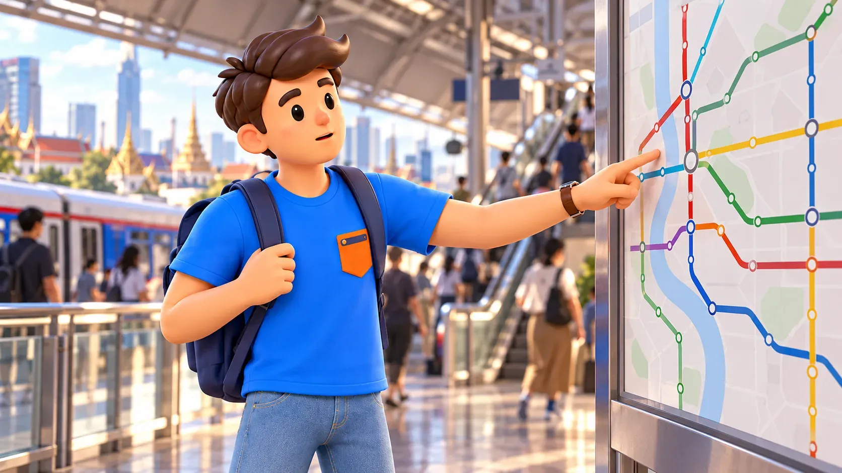 Traveller studying an abstract rail network diagram at a station