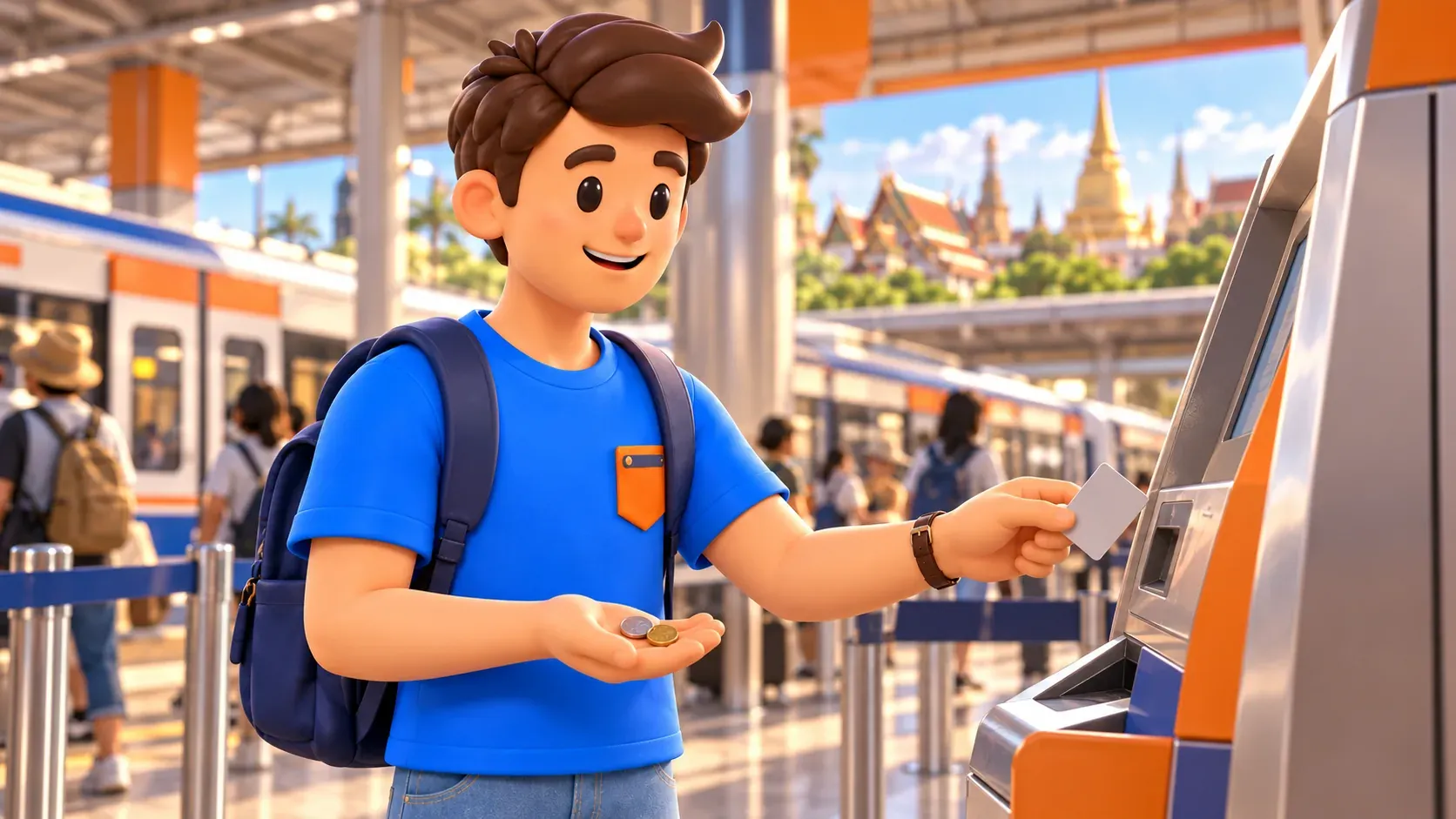 Traveller holding a ticket and coins beside a ticket machine