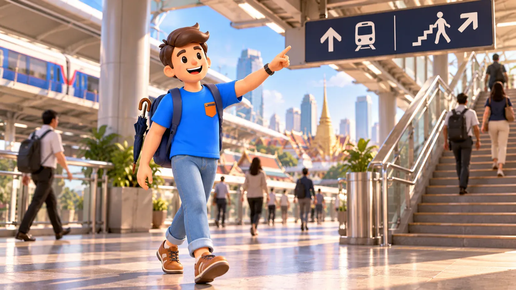 Traveller following interchange signs through a station concourse