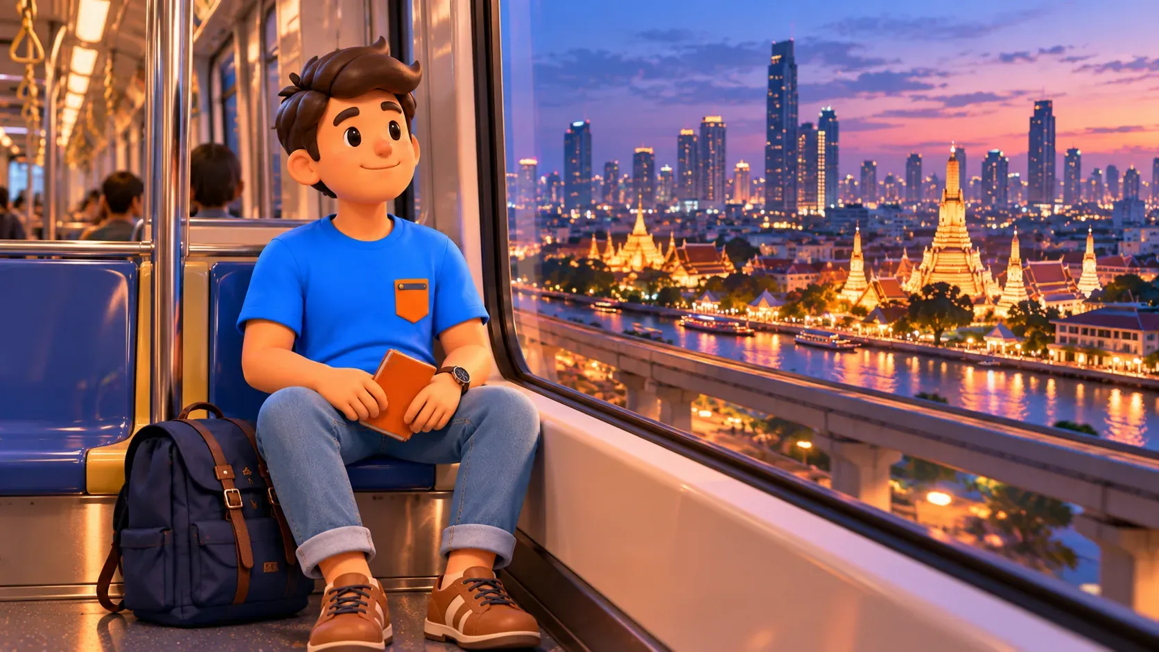 Traveller resting with a notebook inside a train overlooking the evening city