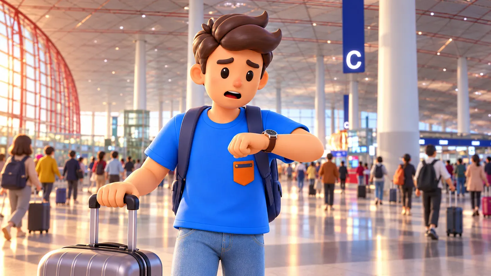 Viajero consultando el reloj dentro del aeropuerto de Beijing Capital