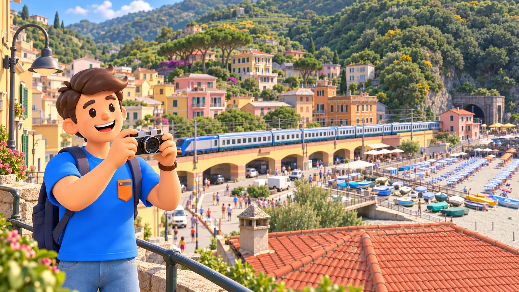 Viajero con cámara ante el viaducto ferroviario y la costa de Monterosso