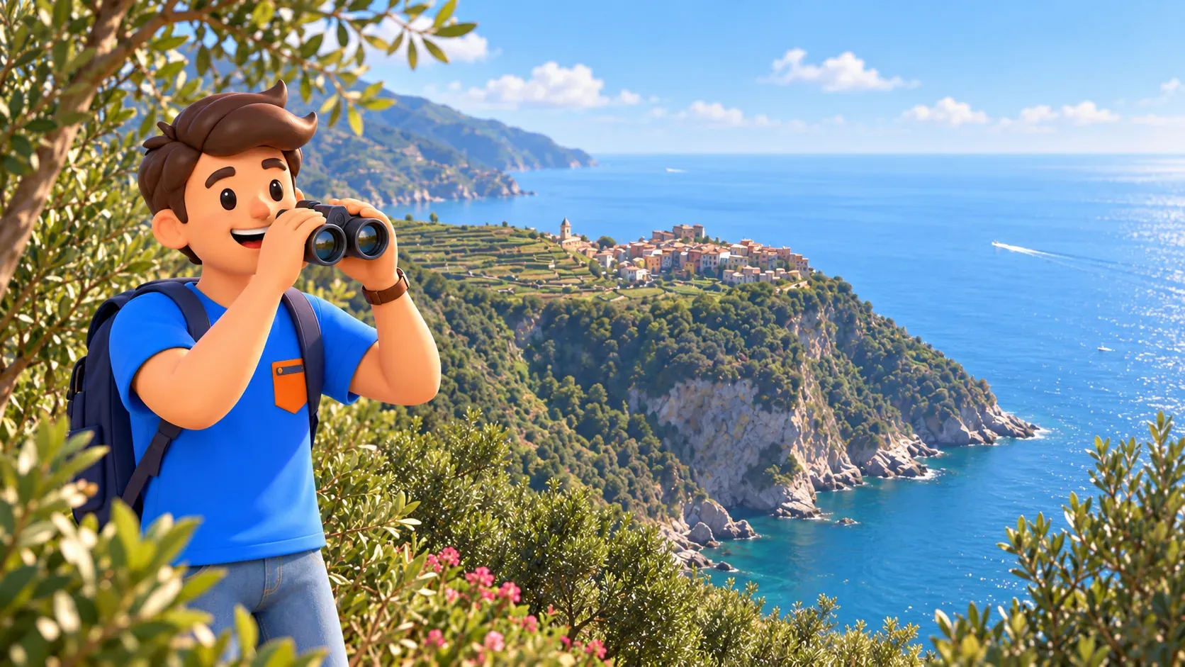 Viajero con prismáticos ante Corniglia sobre su promontorio rocoso