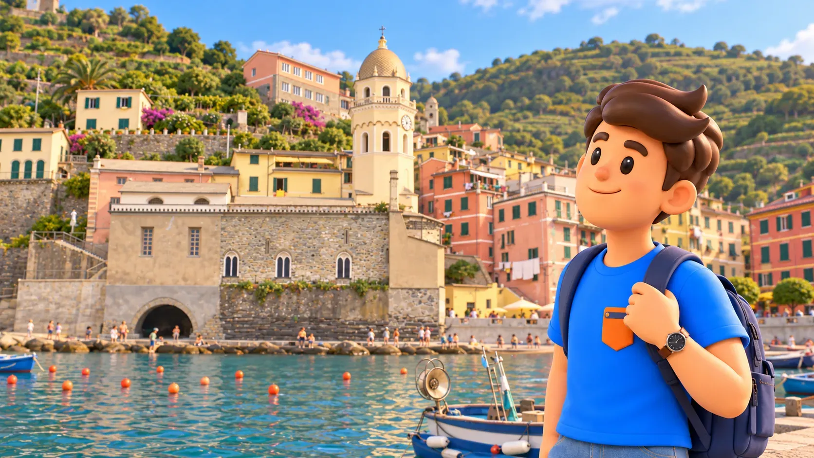 Viajero junto al puerto de Vernazza, la iglesia de Santa Margherita y casas de colores