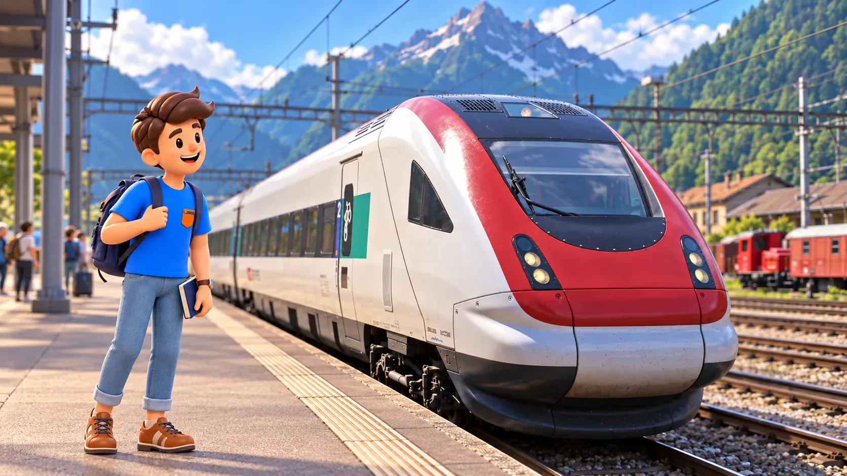 Voyageur sur le quai près d’un train CFF RABDe 500 à Erstfeld