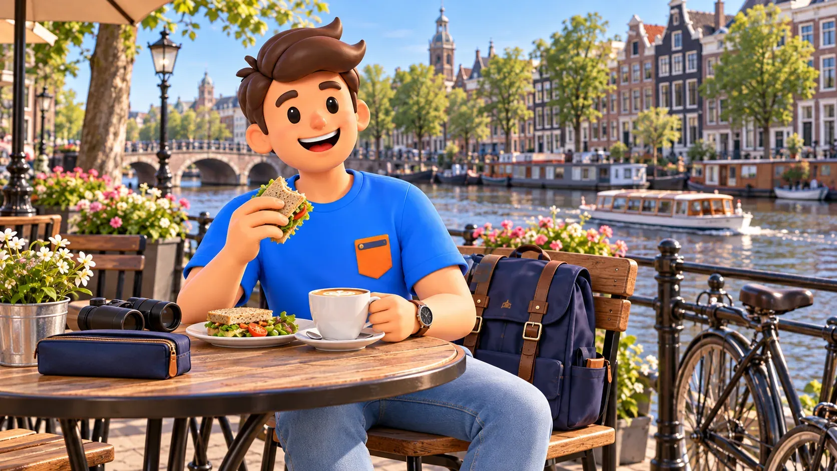 Thematische Illustration eines Reisenden mit Sandwich und Tasse auf einer erfundenen Caféterrasse an der Amstel