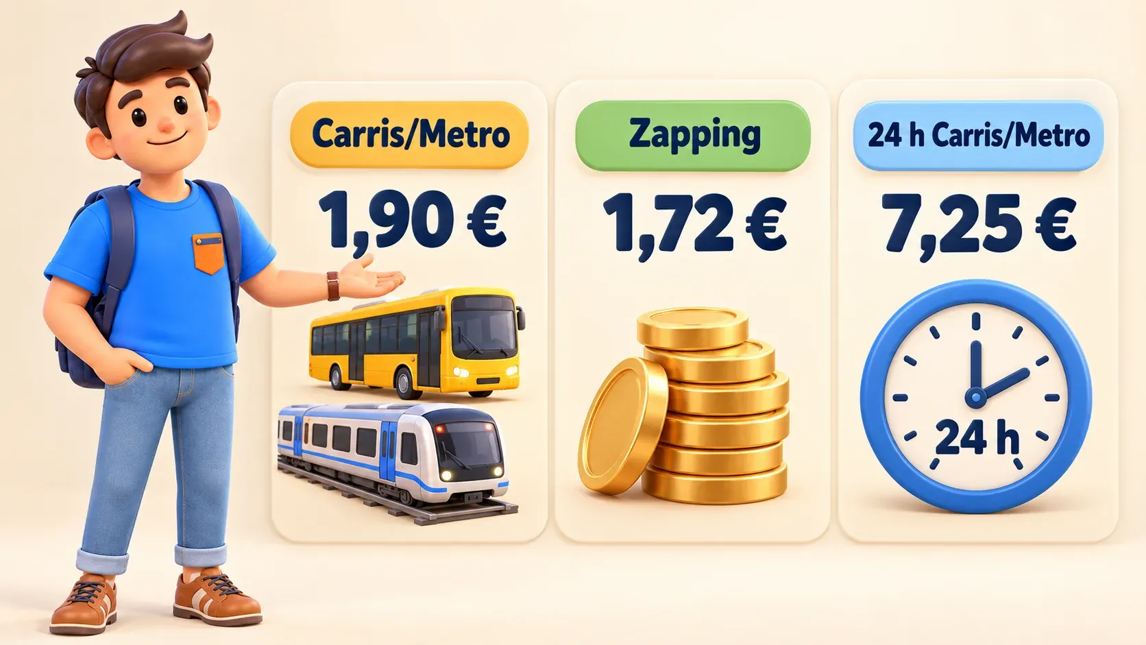 2026 fare comparison: Carris/Metro €1.90, Metro zapping €1.72 and 24h Carris/Metro €7.25
