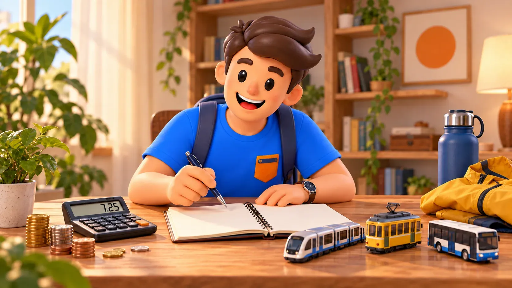 Traveller compares journey costs using a calculator and miniature transport models