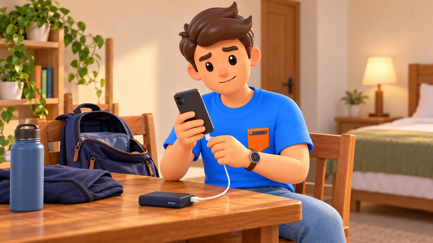 Voyageur branchant son téléphone à une batterie externe avant de sortir