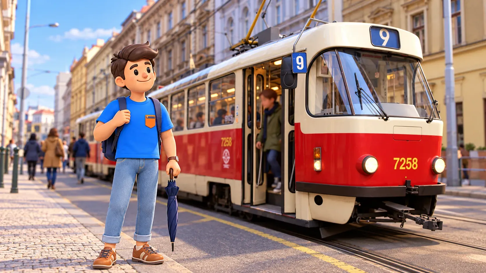 Voyageur avec un parapluie fermé attendant près d’un tram pragois à Lipanská