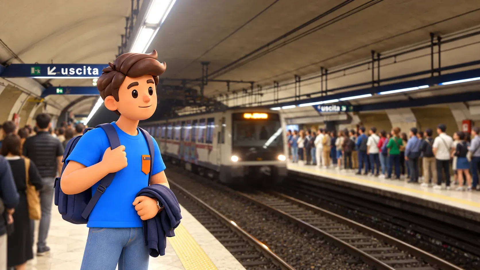 Viajero esperando tras el límite de seguridad del andén Colosseo de la línea B