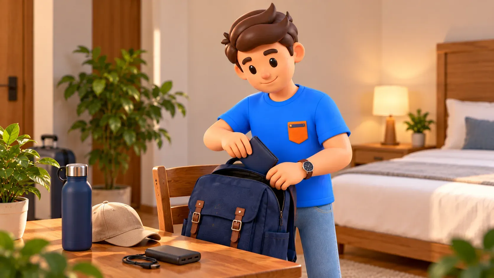 Viajero guardando la cartera en la mochila antes de salir de la habitación
