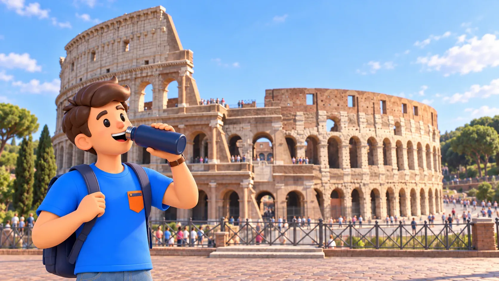 Viajero haciendo una pausa con agua en la plaza ante el Coliseo
