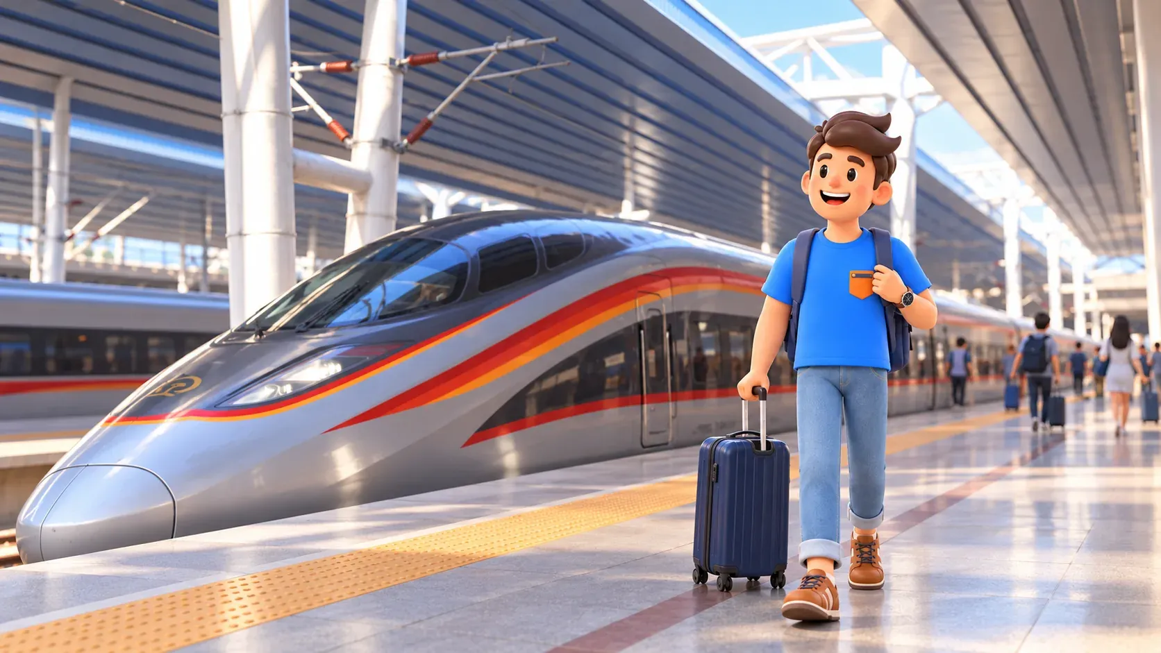 Viajero caminando con maleta por la zona segura del andén junto a un tren chino real