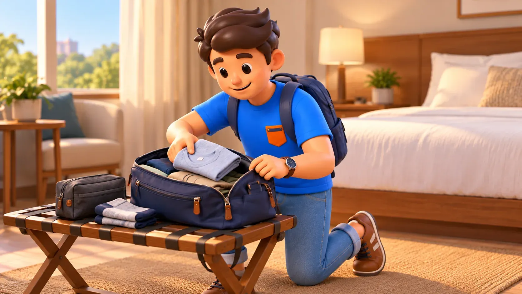 Viajero guardando ropa en una bolsa pequeña