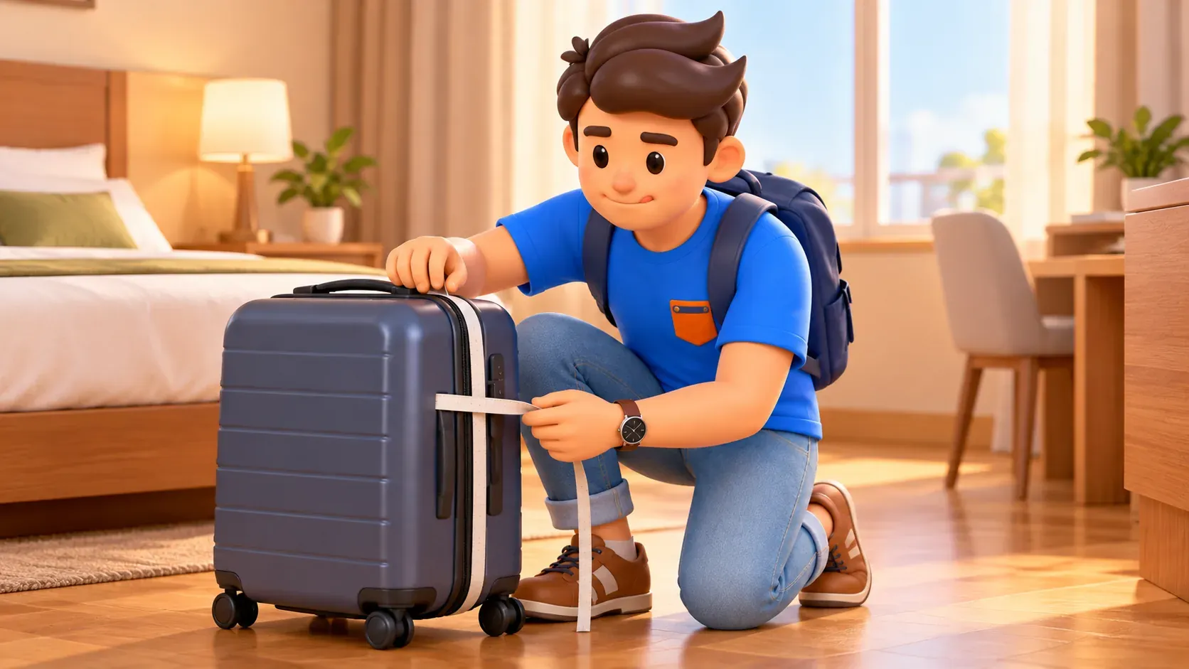Viajero midiendo una maleta en una habitación