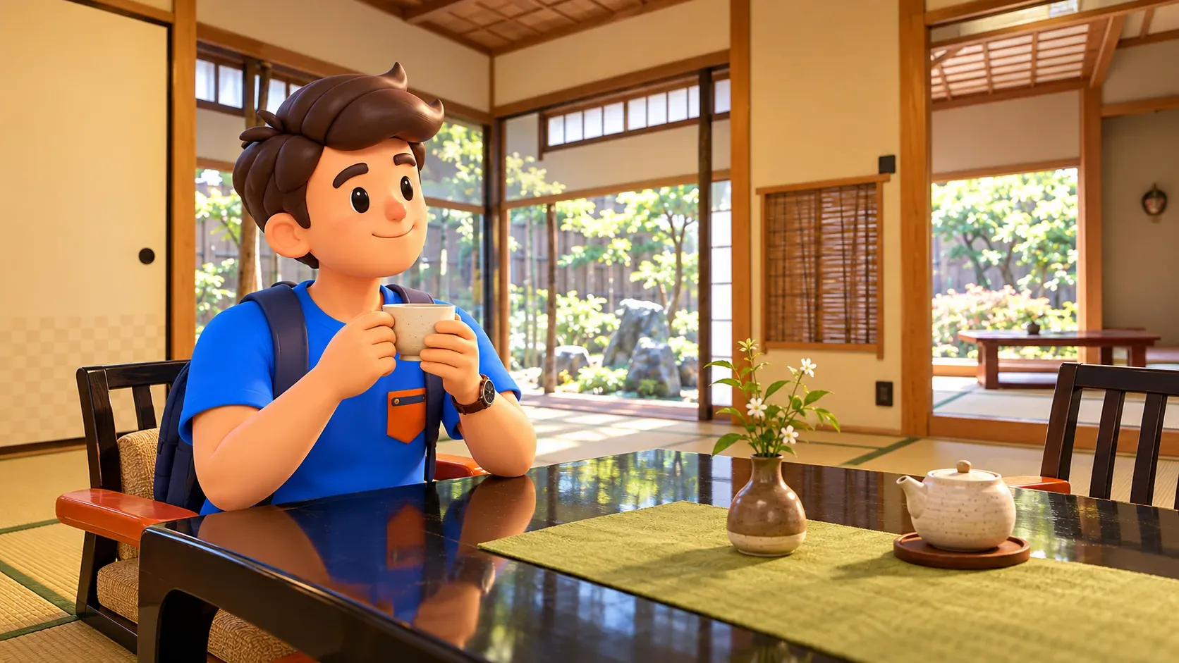 Voyageur prenant le thé dans une chambre japonaise