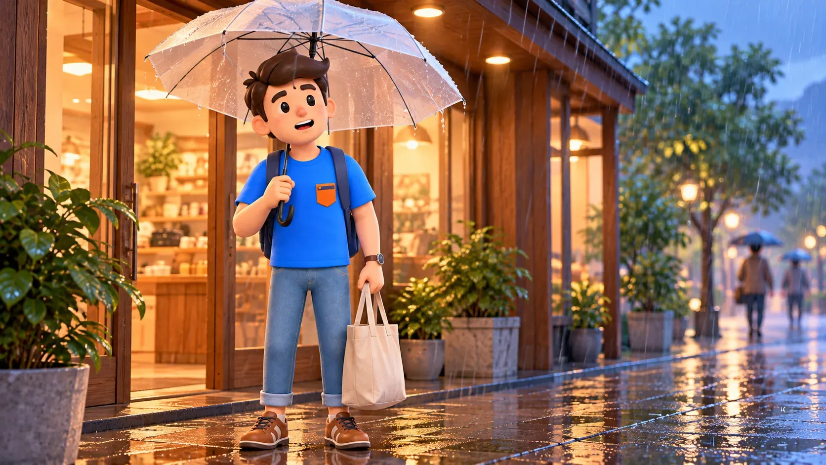 Voyageur avec parapluie et achats près d’une entrée sous la pluie