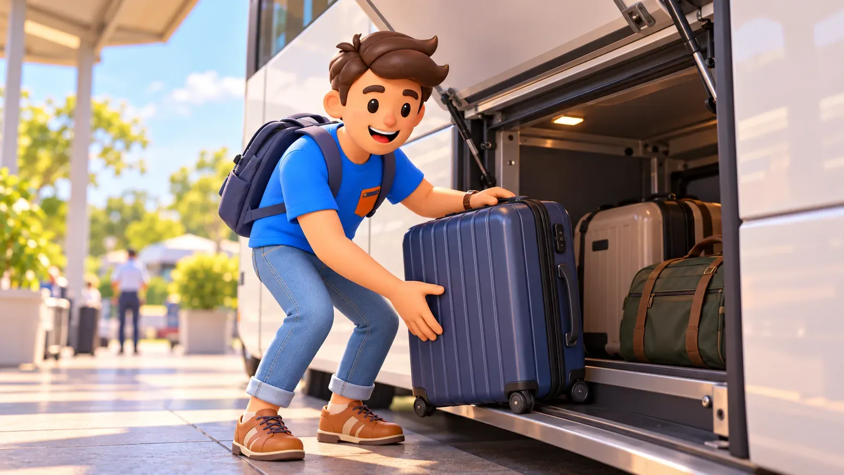 Voyageur plaçant sa valise dans la soute d’un car